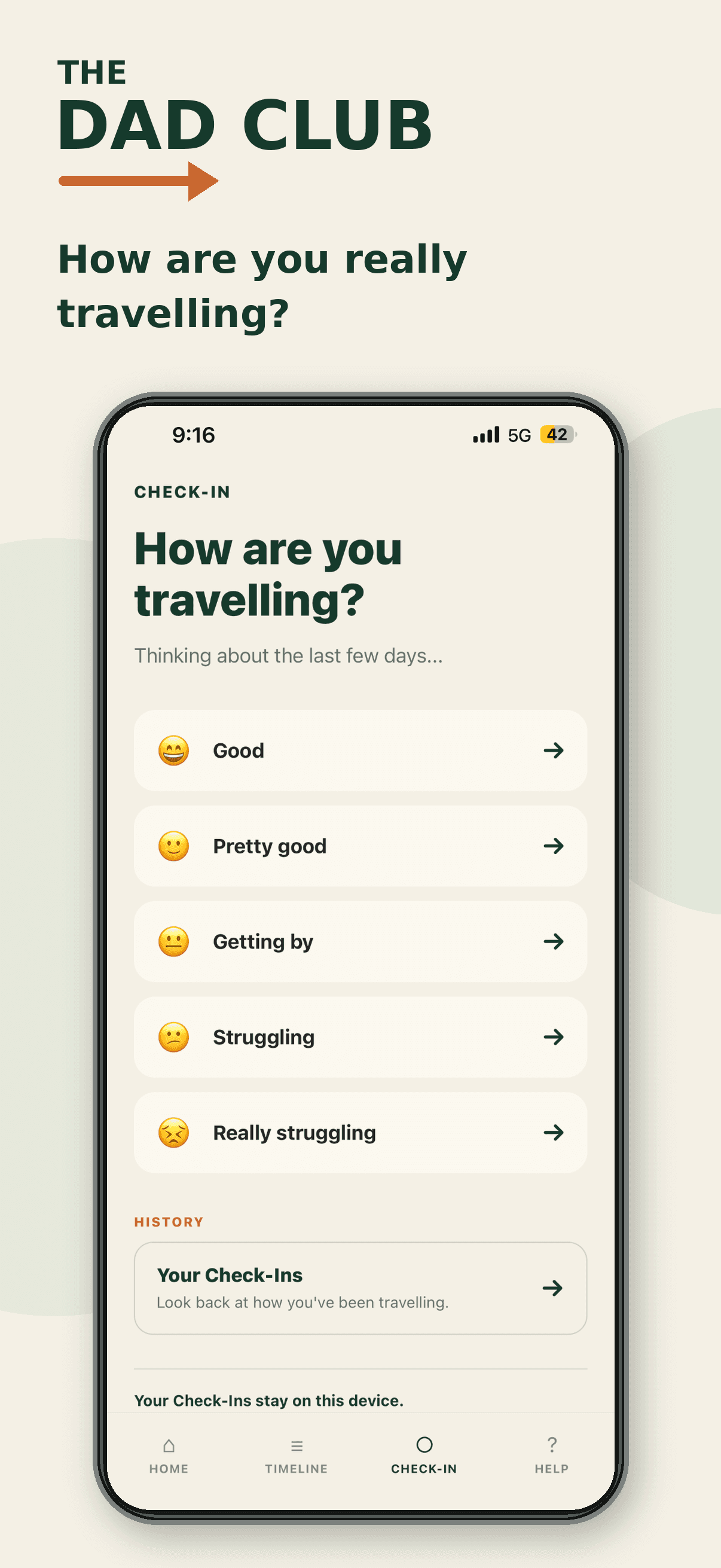 The Dad Club wellbeing check-in screen